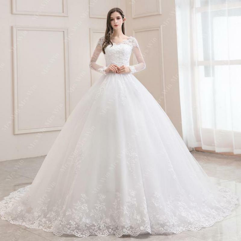 Hochzeits kleid neue Luxus voller Ärmel sexy V-Ausschnitt Brautkleid mit Zug Ballkleid Prinzessin klassische Brautkleider