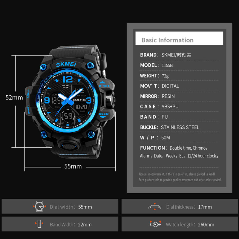 Skmei relógio digital masculino na moda 1155b, relógio cromo digital à prova de choque e à prova d'água, relógios esportivos para homens