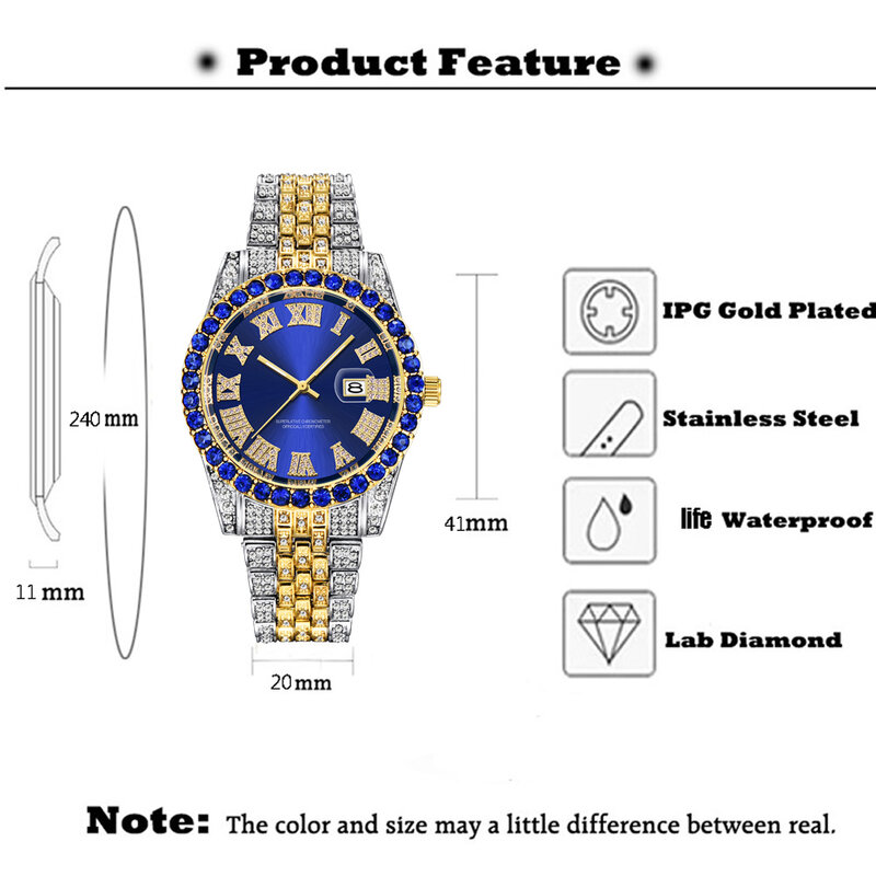 Iced Out zegarek mężczyźni Hip Hop luksusowe duże skały w/cyframi rzymskimi moda kwarcowe zegarki męskie wodoodporne Bling diament Relogio xfcs