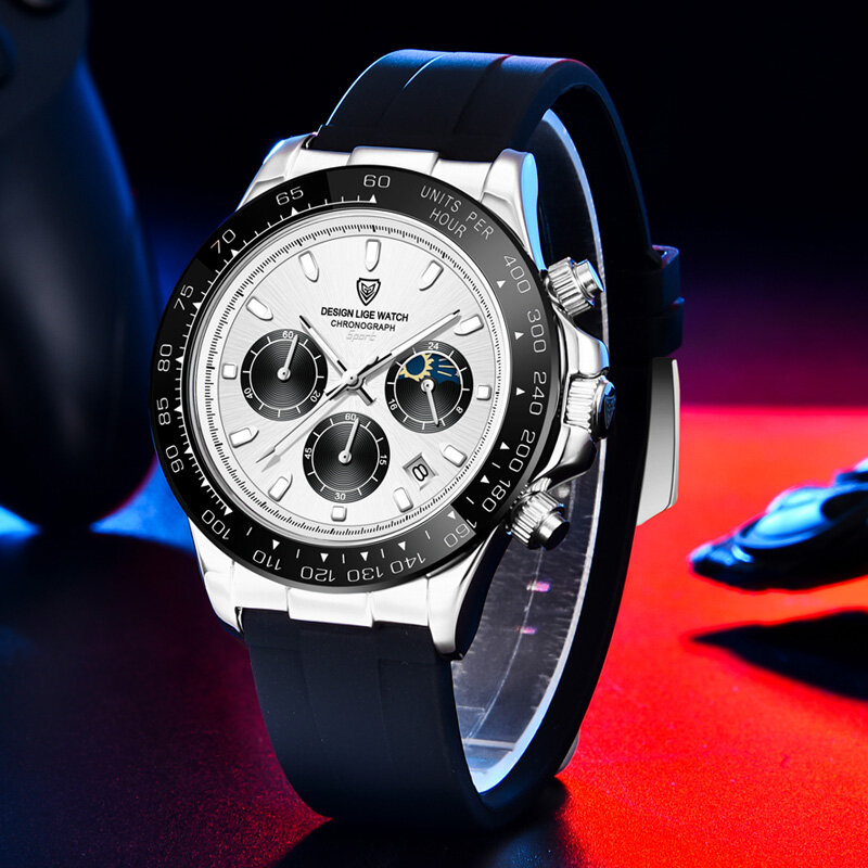 Часы наручные LIGE Мужские кварцевые с хронографом, брендовые Роскошные спортивные водонепроницаемые с силиконовым ремешком, с коробкой