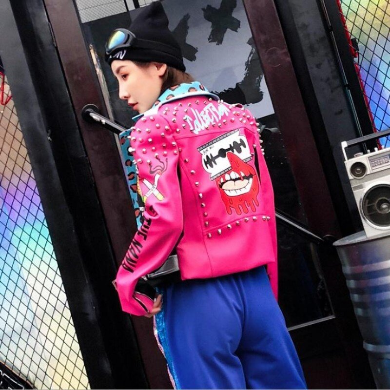 Punk Designer Motorcycle Biker Jacket Women Rivets Printed Short Coat Harajuku Outerwear Streetwear Female PU Leather Jackets