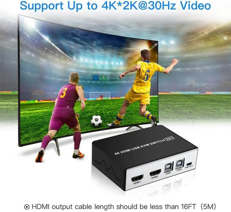 4K HDMI USB KVM Switch 2 Port HDMI KVM Selector for 2 Computer Sharing 1 HD Monitor and 4 USB Devices, Support wireless keyboard
