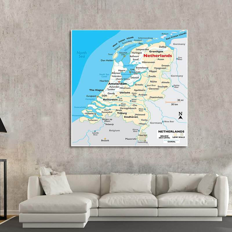 Mapa orográfico de los Países Bajos, lienzo grande no tejido, póster de pared, decoración del hogar, suministros escolares, 150x150cm