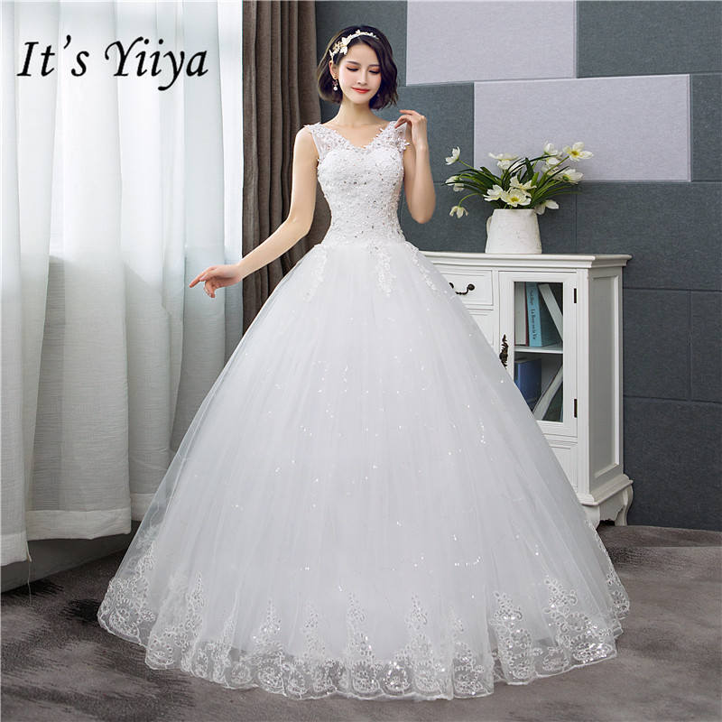 Es der YiiYa Neue V-ausschnitt Brautkleider Einfache Off White Pailletten Günstige Hochzeit Kleid De Novia HS288