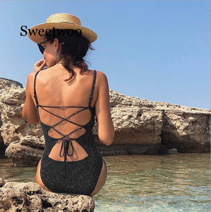 Bandage Backless Sexy Bodysuit Strap Bodycon Glitter Bodies Ladies Casual Black Woman Body Top Party Club Summer 2020