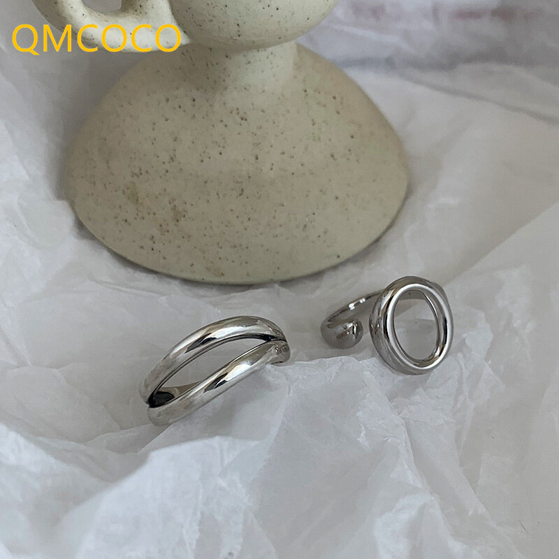 Qmcoco prata cor simples duplo deck oco para fora anéis punk aberto ajustável artesanal anel para a mulher na moda jóias