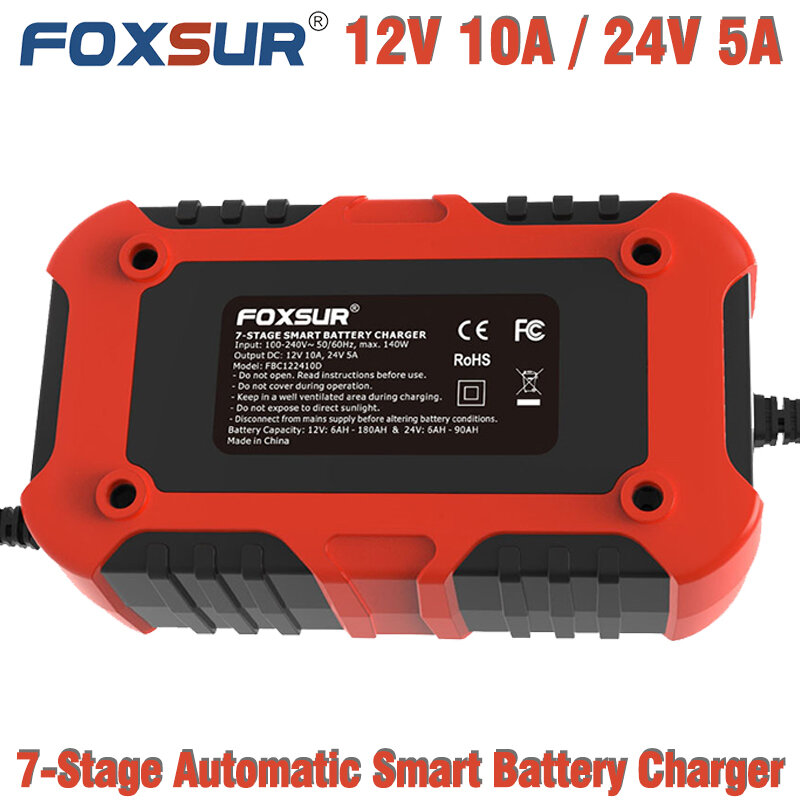FOXSUR-Carregador de bateria acidificado ao chumbo, reparo automático do pulso, dessulfador rápido para o carro, motocicleta, AGM, GEL, LiFePO4 molhado, 12V, 10A, 24V, 5A