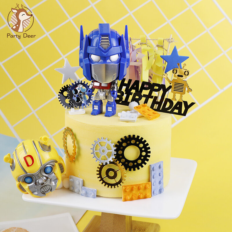 Q หุ่นยนต์ Optimus Transformers Diy เค้กวันเกิดแฮปปี้ Topper เค้ก Topper อุปกรณ์สำหรับเด็กวันเกิดตกแต่งเค้ก