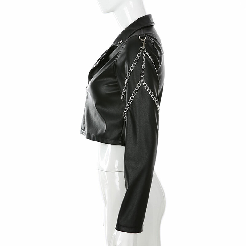Jesień Vintage Moto Biker kurtka z zamkiem kobiety czarne PU kurtki skórzane elegancka odzież wierzchnia Faux Leather trencz Casual Crop Coat