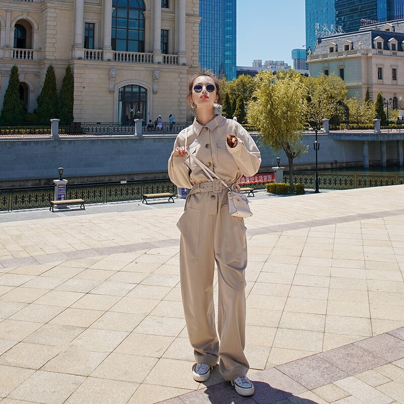 Women Long Sleeve Jumpsuit with Belt Loose Casual One Piece Cargo Pants Overalls Female Korean Wide Leg Trouser Autumn Spring