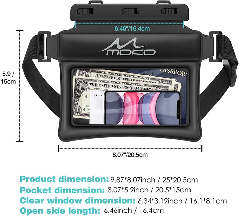 MoKo กระเป๋าโทรศัพท์กันน้ำ Fanny Pack Floating Dry Bag ว่ายน้ำเอวกระเป๋าใต้น้ำสกี Drift ดำน้ำสำหรับ iPhone 13/13 Pro max