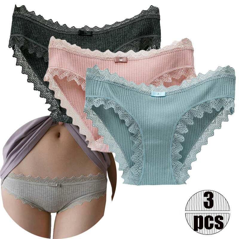 1pc/3pcs Lace Panties Women Bowknot Cotton Briefs Causal Breathable Candy Color Underpants