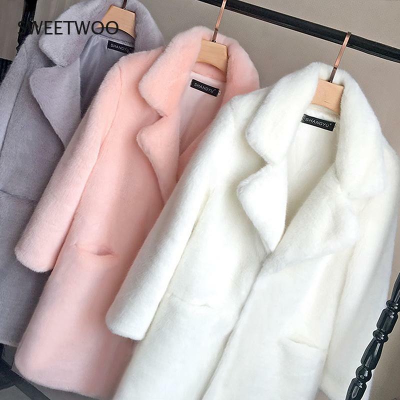 Women Mink Faux Fur Coat Solid Female Turn Down Collar Winter Warm Fake Fur Lady Coat Casual Jacket 2022