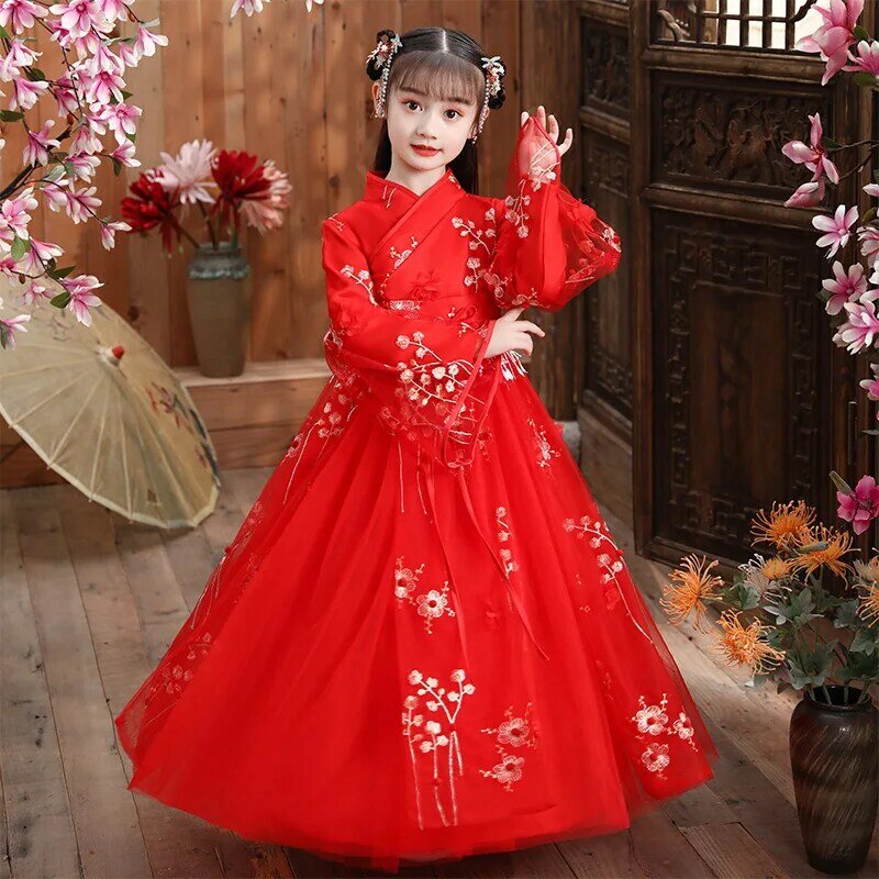 Nova Antiga Hanfu Menina Outono Inverno Vestido Retro Estilo Chinês de Fadas Princesa Saia Festa Noite Desempenho Bordado Vestido