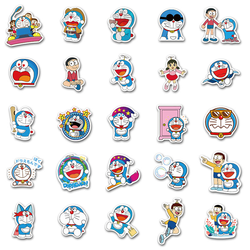10/50 buah stiker kartun Doraemon untuk stiker kedap air Laptop bagasi sepeda motor stiker mobil papan salju mainan klasik