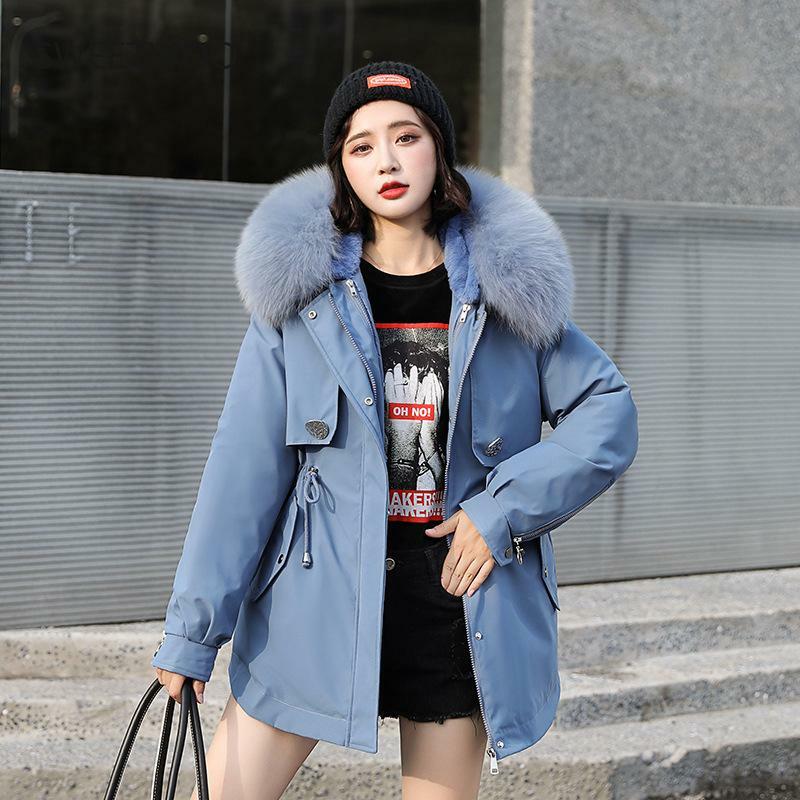 2021 겨울 코트 자켓 여성용 자기 재배 패션 큰 모피 칼라 파이 따뜻하게 패션
