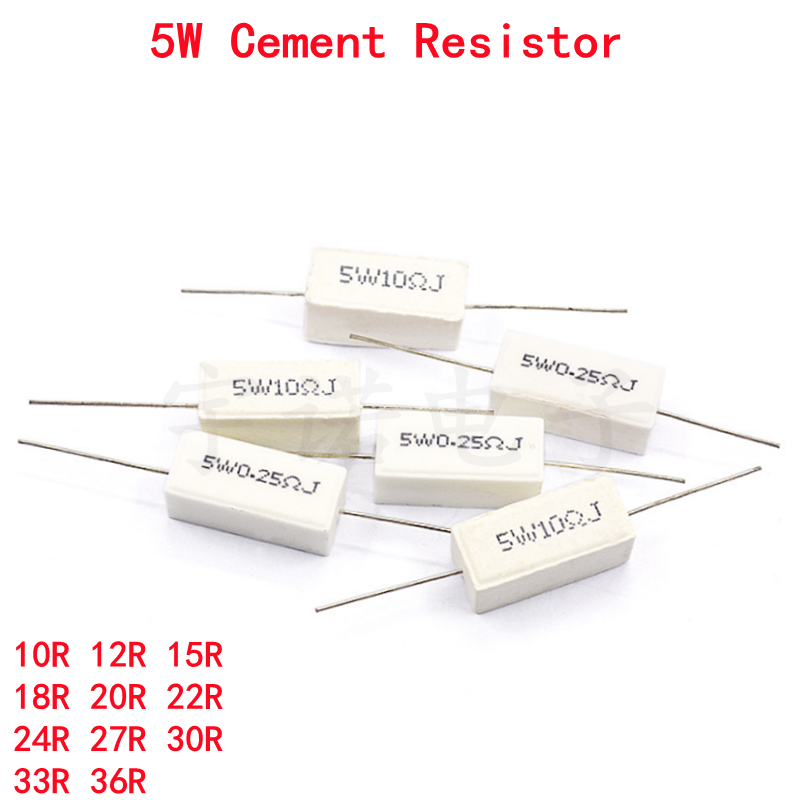 Цементный резистор 5 Вт 5%, сопротивление мощности 10R 12R 15R 18R 20R 22R 24R 27R 30R 33R 36R 10 12 15 18 20 22 24 27 30 33 36 Ом, 10 шт.