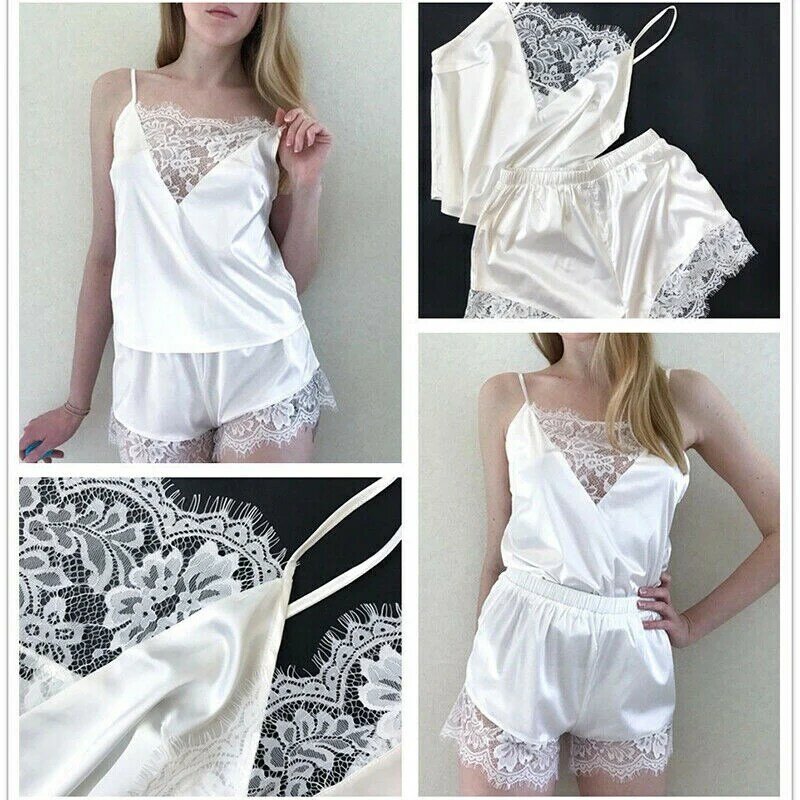 Women Sexy Lace Border Comfortable Nightwear Smooth Satin Skin-Friendly Pajamas Suspenders Tops Shorts 2pcs Outfit Underwear