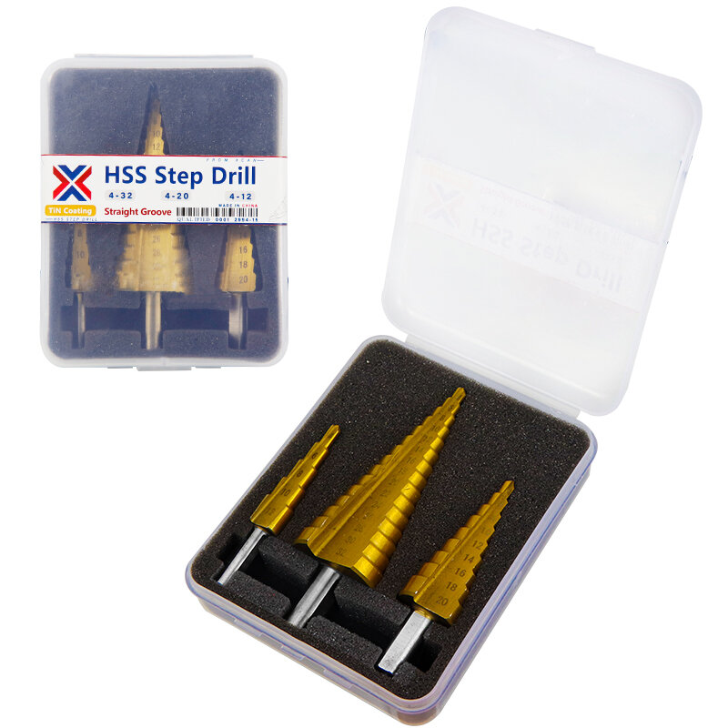 Xcan Hss Stap Boren 3Pcs 4-12/20/32Mm Tin Coating Core Boor ronde Schacht Stap Cone Hole Cutter Metal Boor