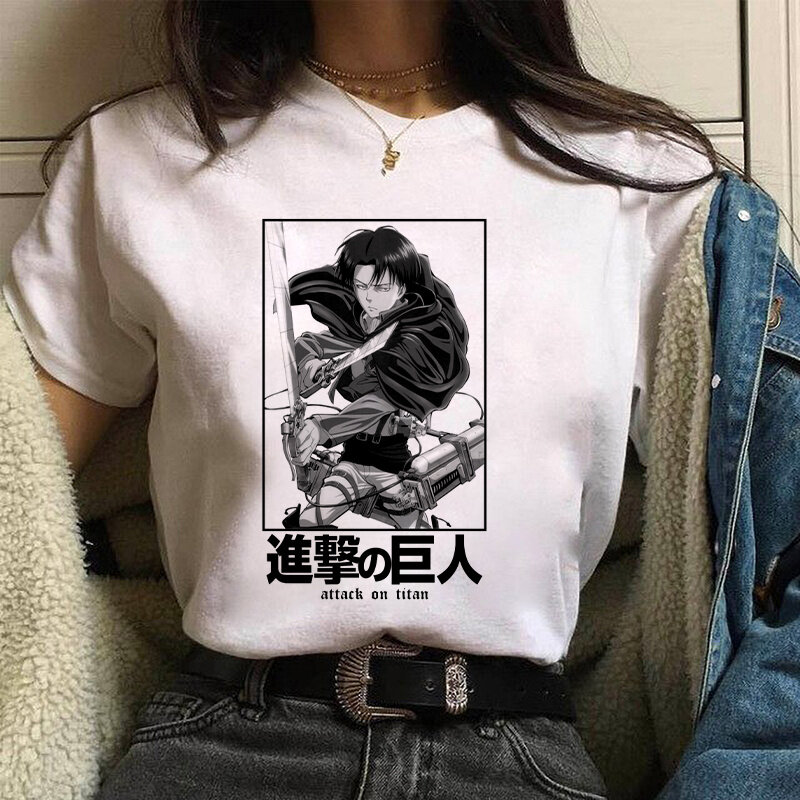Ataque em titan eren jaeger anime t camisa mulher harajuku japonês levi ackerman menina topos shingenki não kyojin snk camisetas de grandes dimensões