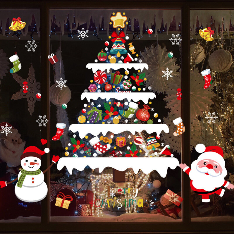 Kerst Muurstickers Sneeuwpop Kerstboom Vakantie Decoratie Kleuterschool Layout Sneeuwvlok Cartoon Zelfklevende