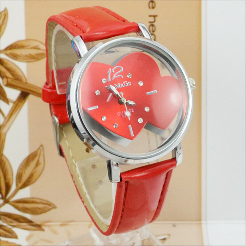 Moda mulheres relógio das mulheres relógios de couro cinto relógio de quartzo senhoras coração relógios transparente oco bayan kol saati