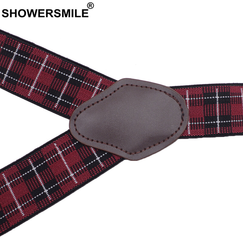 Showersmile-calças masculinas, suspensórios em couro, elástico, estilo britânico, vermelho, 6 clips, estilo jacquard, para negócios