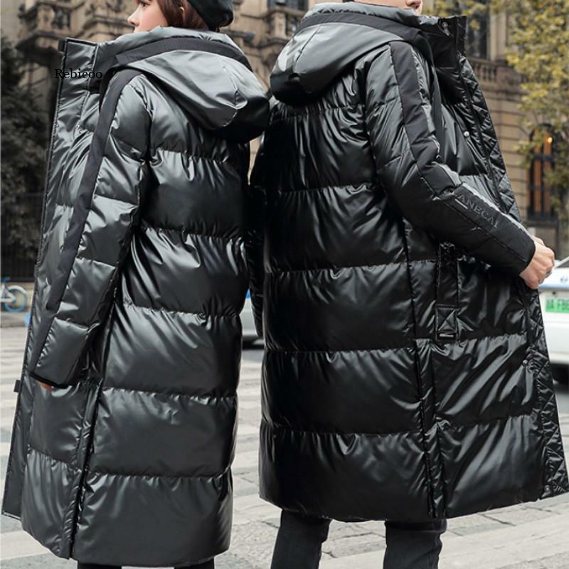 Zimowa para błyszcząca kurtka puchowa z kapturem mężczyźni w połowie długości zagęszczona ciepła odzież uliczna nowa Unisex Over-Knee jednokolorowa na co dzień kurtka miłośnicy