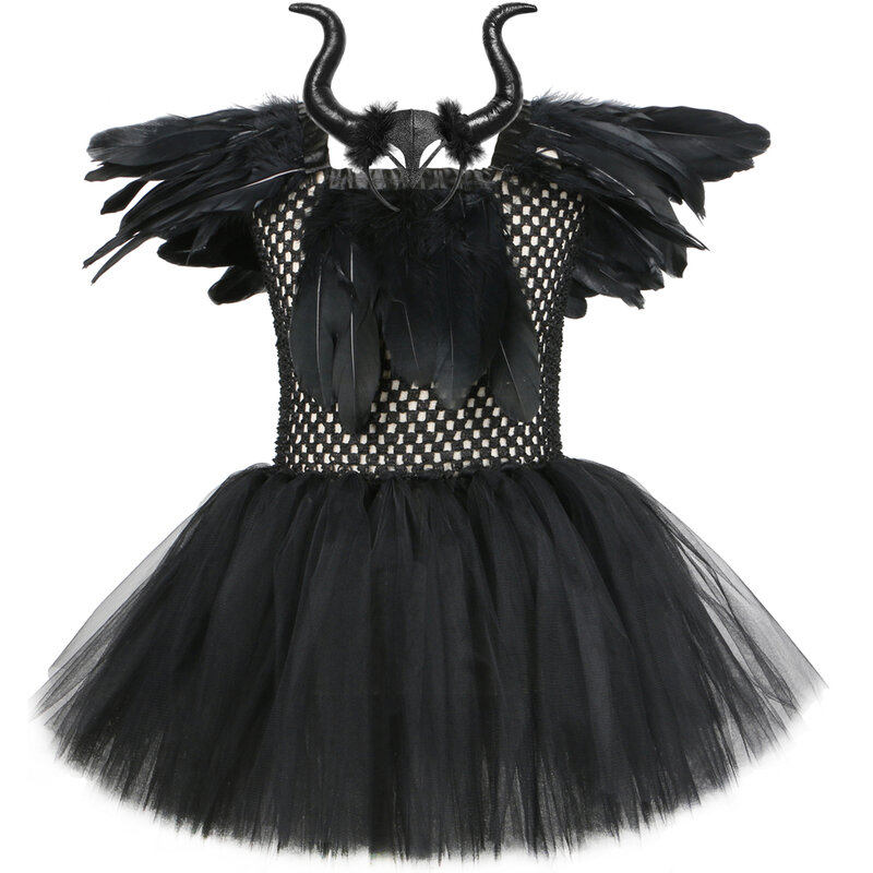 Evil Queen Halloween เครื่องแต่งกายสำหรับเด็กสีดำขนนกหญิงแฟนซี Tutu กับ Horns Wing แม่มดคอสเพลย์เสื้อผ้าเด็ก1-12