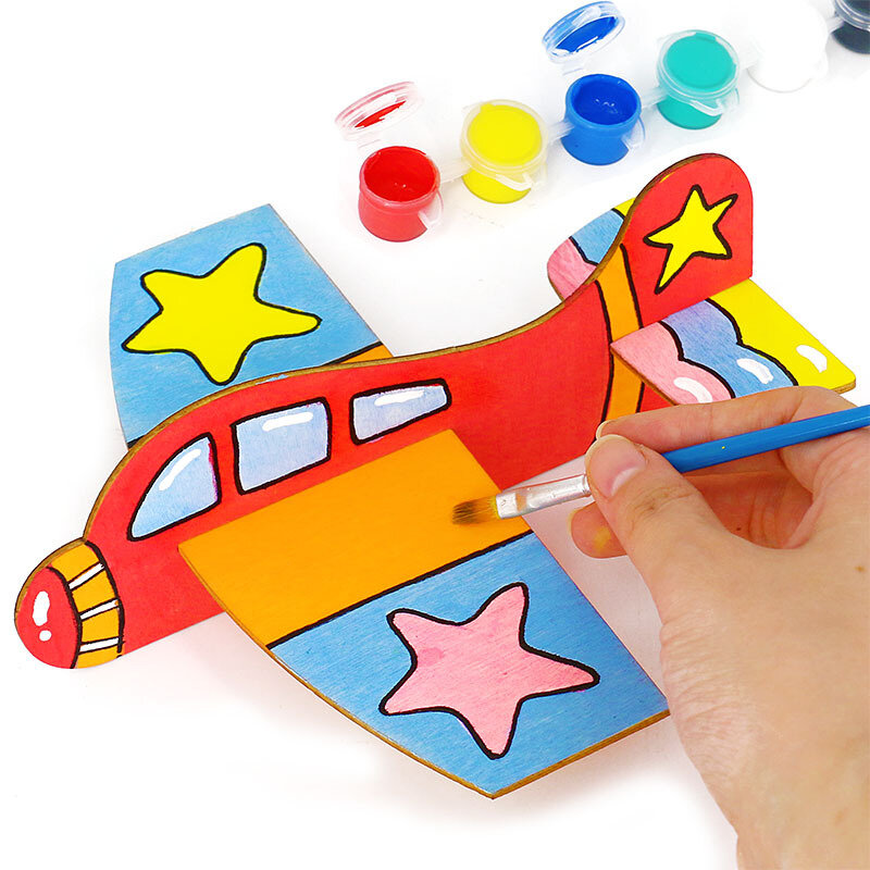 Luta de madeira em branco inserido avião jardim de infância pintado graffiti material educacional das crianças brinquedos diy crianças modelo base branca
