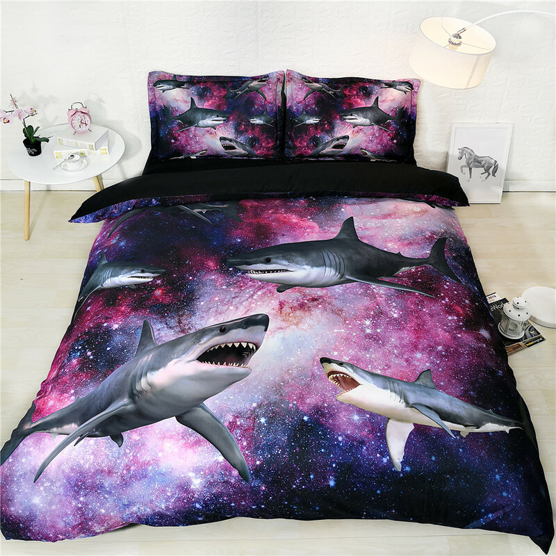 Conjunto de cama estampado com tema de desenho de tubarão, roupas de cama com fronha, tamanho único, queen, king, crianças e adultos
