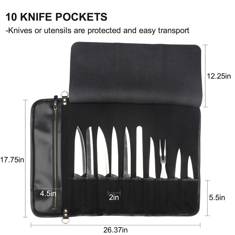 Wesleco-Bolsa de rollo para cuchillos de Chef, accesorios de cocina, bolsillos de almacenamiento de cuero sintético de microfibra