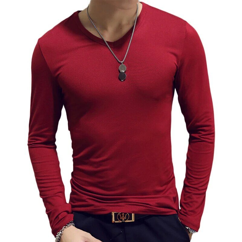 2020 эластичная Мужская футболка с круглым вырезом, Мужская футболка с длинным рукавом для мужчин, футболки из лайкры и хлопка, мужская одежда