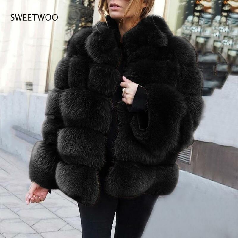 European and American Fashion Women's 2021 Faux Fur Coat, Female Faux Fox Fur Splicing Faux Fur Coat Elegant Thick Warm Jacket