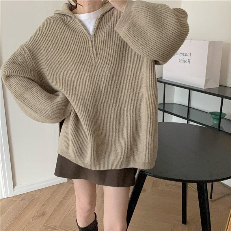 Half Zipper Knitted Sweater Women Fall Winter 2021 New Harajuku Long Sleeve Loose Outerwear Solid Casual Sweater Oversize Jacket