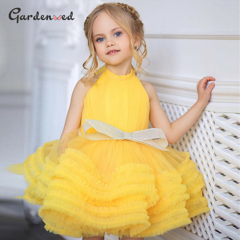 Gelb Baby Mädchen Kleid Bogen Puffy Kleider Für Mädchen Hohe Kragen Bogen Kommunion Kleid Knie Länge Blume Mädchen Kleider Kinder kleider