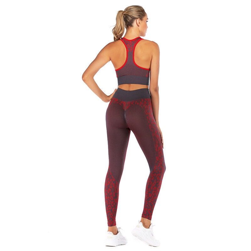 2 pçs/set conjunto yoga sem costura de fitness treino leopard yoga sutiã cintura alta leggings treino ginásio ternos esportes femininos