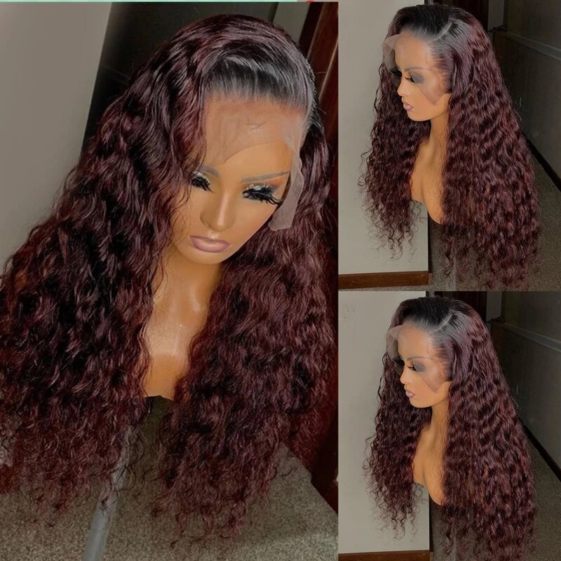 Pelucas de cabello humano con encaje Frontal, color marrón, onda profunda, Borgoña 99j, Ombre, HD, prearrancado, sin pegamento, barato, a la venta