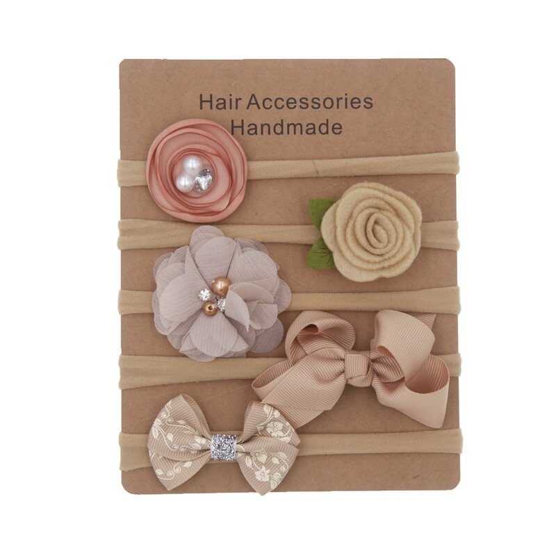 Lote de 5 diademas de nailon para bebé, lazos de flores, banda para el pelo para niños, conjunto de adornos para el cabello para bebé, accesorios para fotografía