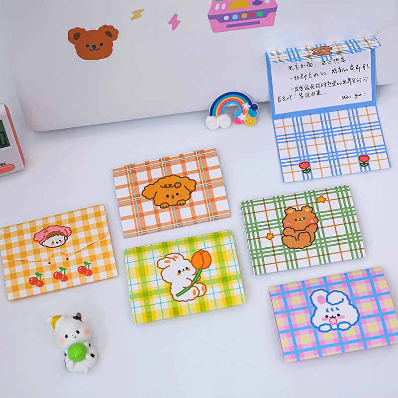 Cartoon Cute Grid Bear Bunny Envelop Best Wishes Foldable Message Notepad Birthday Blessing Card Greeting Small Stationery Gift