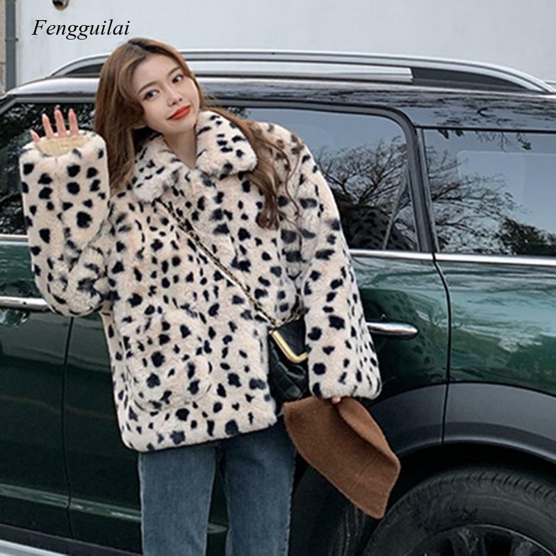 Abrigos y chaquetas de piel sintética de leopardo para mujer, abrigo grueso y cálido con bolsillos, cuello vuelto, Tops sueltos para mujer 2020