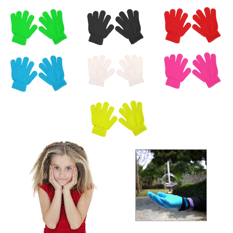 Zimowe śliczne chłopięce dziewczęce rękawiczki jednolity kolor Finger Point Knit Stretch Mittens