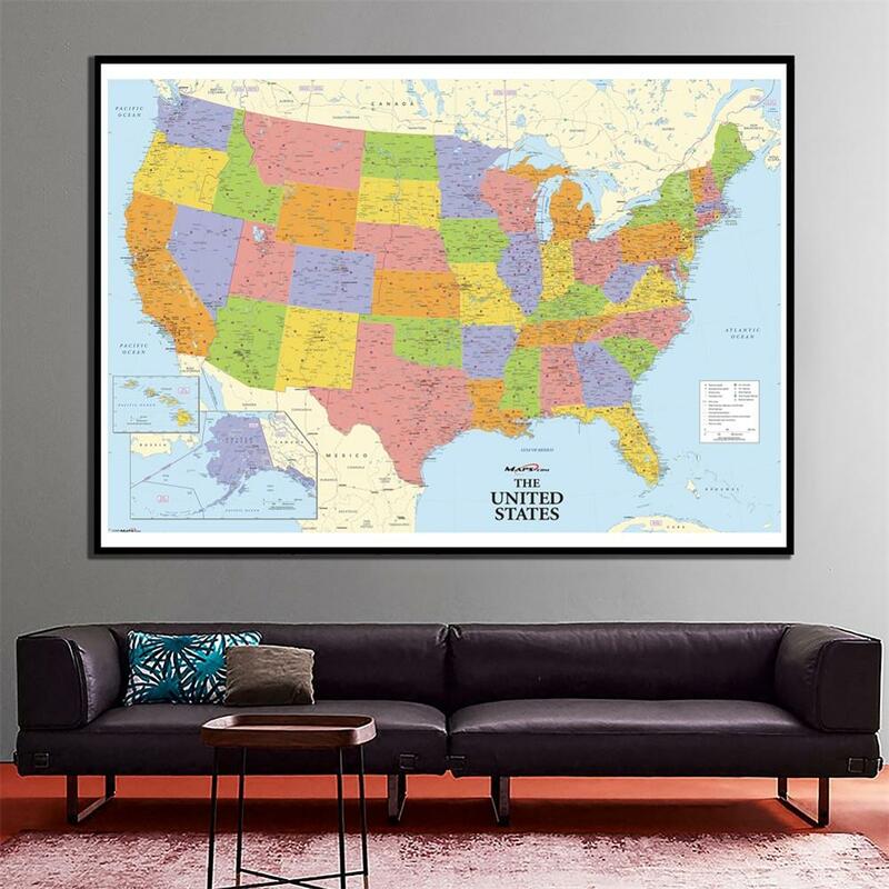 HD físico americano mapa para decoração de parede, Estados Unidos para casa, sala, 24x36 dentro