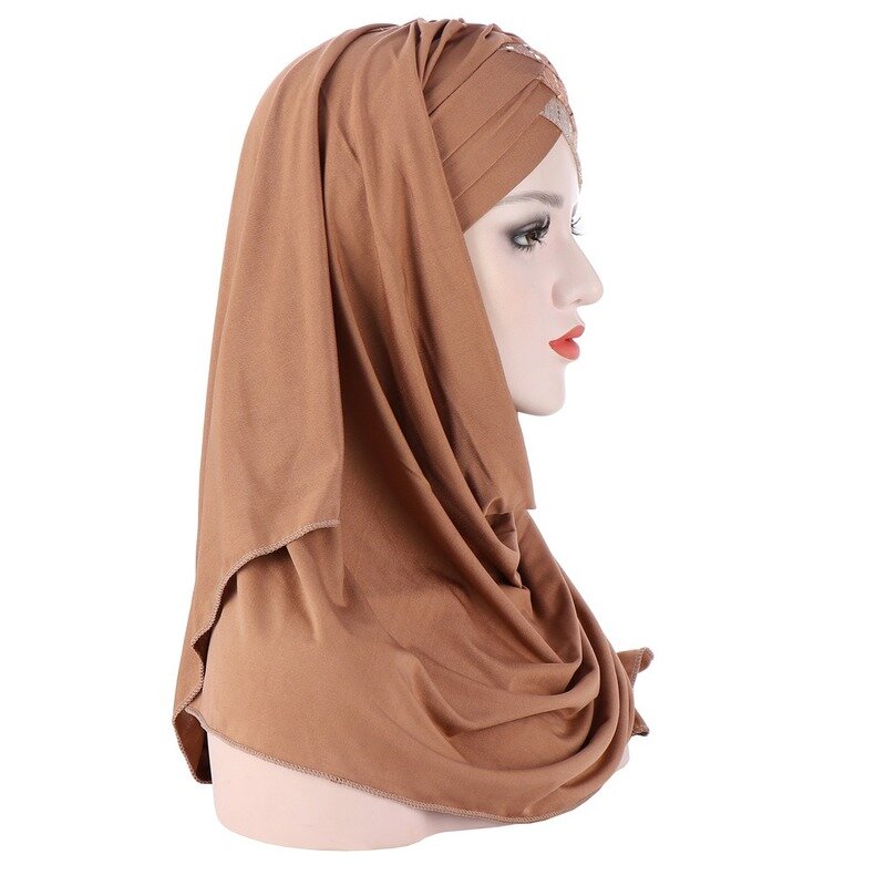 KepaHoo-Pañuelo Hijab musulmán con lentejuelas brillantes para mujer, pañuelo para la cabeza con Cruz en la frente, listo para usar, turbante Islámico