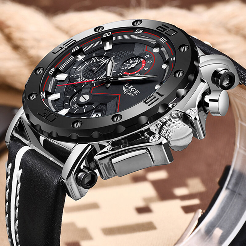 LIGE Neue Uhren Herren Top Luxus Marke Military Sport Quarz Männer Uhr Leder Wasserdicht Leucht Große Zifferblatt Relogio Masculino