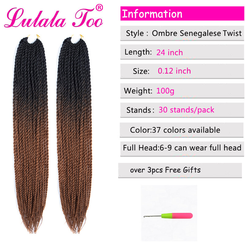 Tranças de crochê de cabelo sintético para mulheres, extensão capilar torcida senegalês 24 polegadas, 30 raízes/pacote, preto, marrom