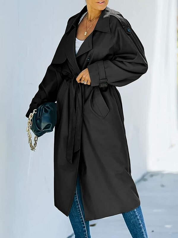 Kurtki damskie dwurzędowy długi wykop damski płaszcz klasyczny klapa z długim rękawem wiatroszczelny płaszcz z paskiem jesień Streetwear