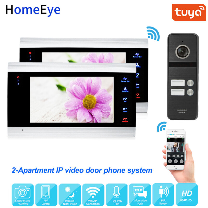 Умное приложение Tuya с дистанционным управлением, IP-видеодомофон с Wi-Fi, видеодомофон, 2 квартиры, система контроля доступа, сенсорная кнопка