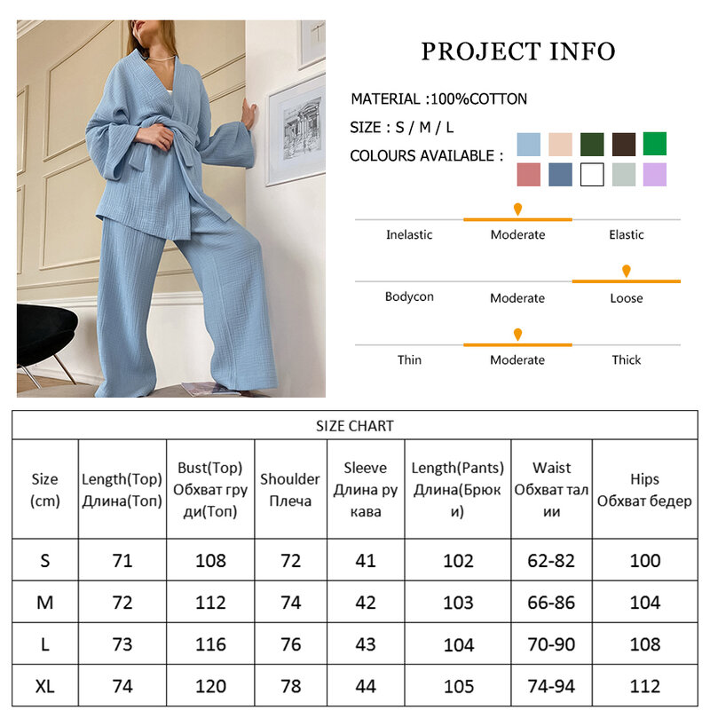 Hiloc-Flare Sleeve Conjunto de pijama para mulheres, pijamas de algodão, camisola, Lace Up Robes, calças casuais, 2 peças