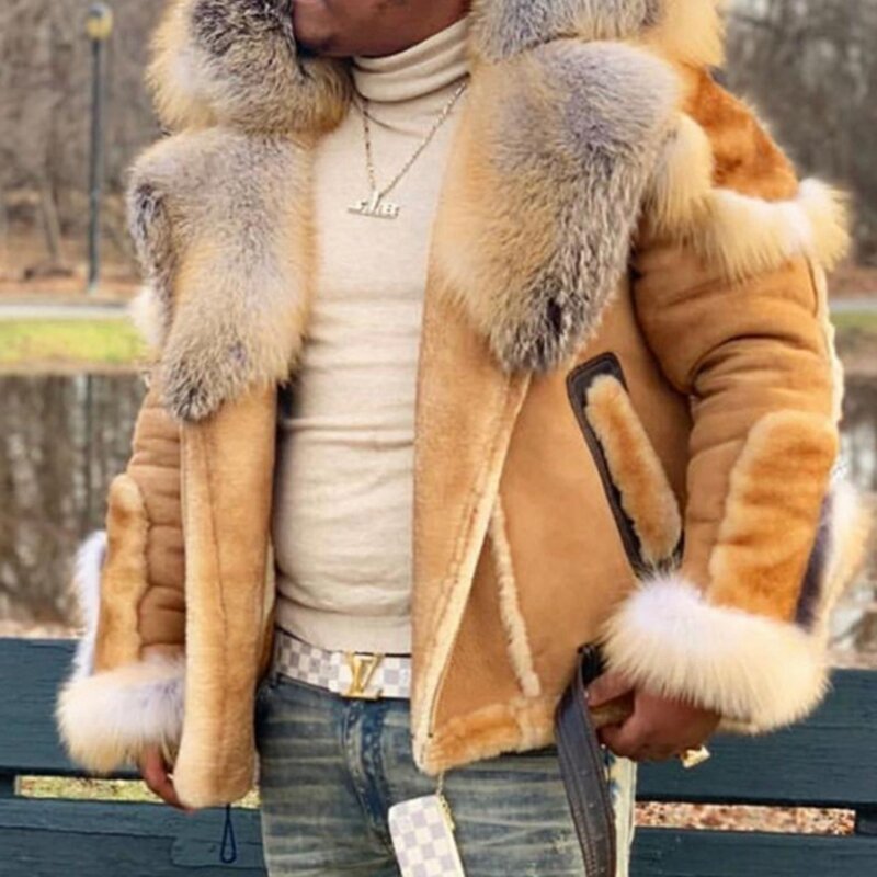 Lugentolo casaco de pele do falso homem plus size jaqueta de inverno gola de pele e mangas compridas forro de lã casual zíper jaquetas e casacos
